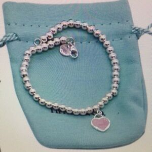 Silver Beaded Bracelet with Pink Heart Charm Tiffany & Co